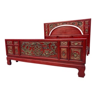 Mid-Late 20th Century Chinese Carved and Painted King Bed Frame For Sale
