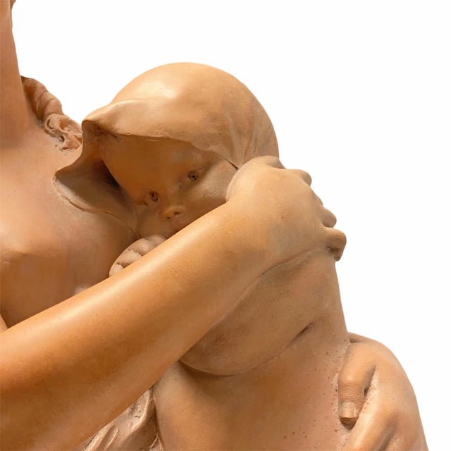 French Mother and Child Terracotta Sculpture Signed Rougelet For Sale - Image 3 of 12