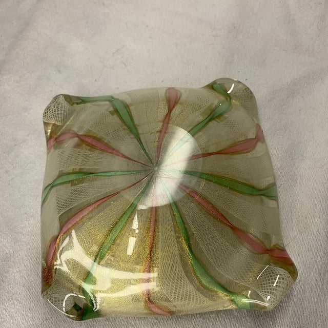 1960s 1960s Vintage Avem Italian Murano Art Glass Gold Flecks Bowl W/ White Latticino, Pink/Green Ribbons For Sale - Image 5 of 8