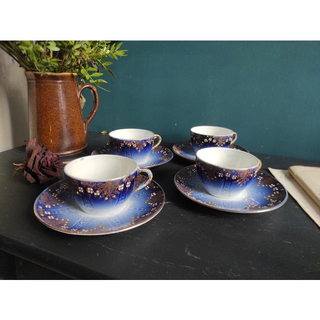 Blue French Art Nouveau Cups and Saucers from K&G Luneville, 1920s, Set of 8 For Sale - Image 8 of 8