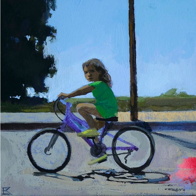 Traces by Emma Kalff | Oil on panel Girl riding a purple bicycle on a sunny street. For Sale