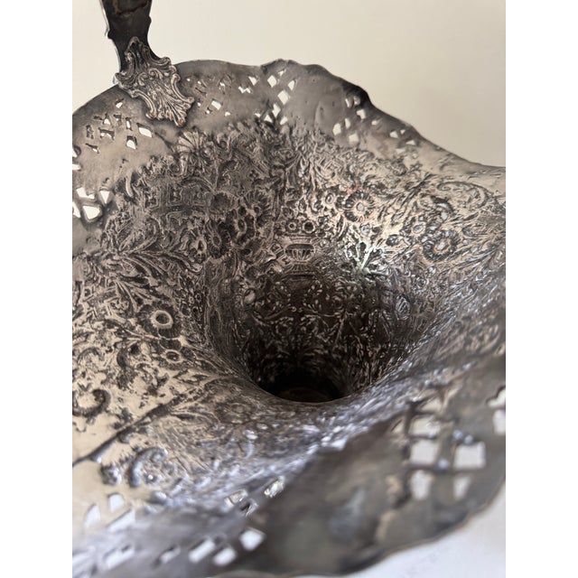 Metal Victorian Silver-Plated Bride’s Basket With Reticulated Rim & Repousse Decoration, C. 1880s — Monogrammed “A” For Sale - Image 7 of 9