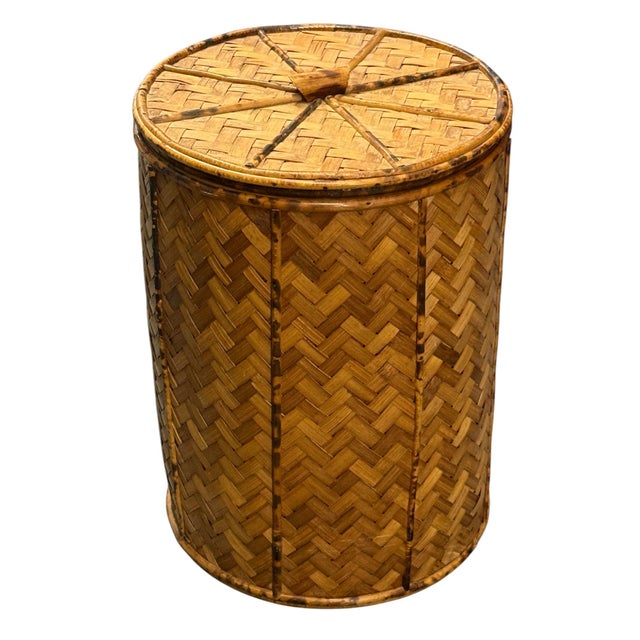 Tall tortoise rattan storage bin or laundry basket. Woven rattan sides. Great tall piece originally from Hong Kong.