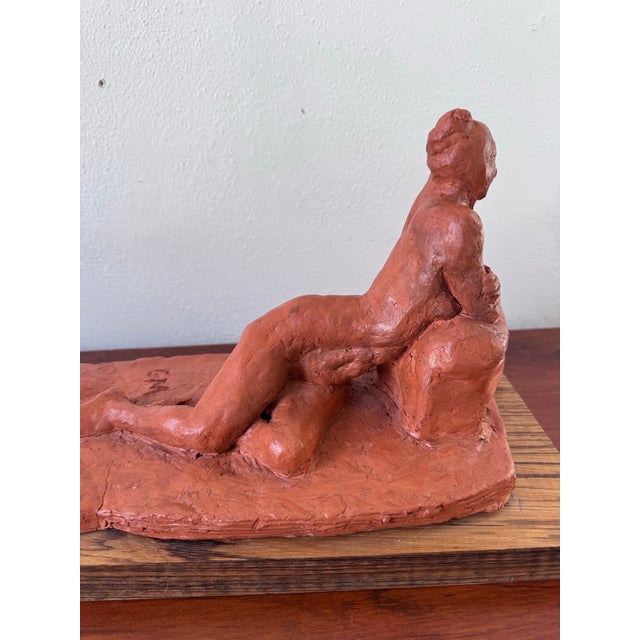 Wood Vintage Reclining Nude Clay Sculpture on Wood Base, Artist Maquette Study For Sale - Image 7 of 12