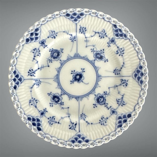 Set of six Royal Copenhagen Blue Fluted Full Lace bread plates featuring the classic hand-painted cobalt blue decoration...