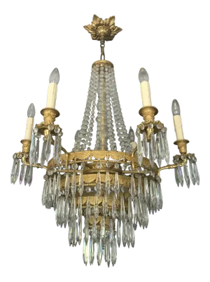 1920s French Bronze Dore & Crystal Chandelier
