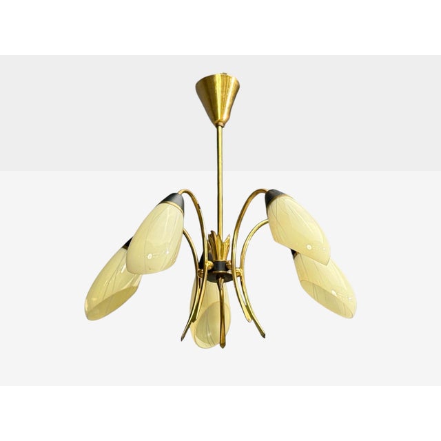 Cream 1950s Mid-Century Modern German Modern, Five-Light Chandelier, Brass, Metal, Glass For Sale - Image 8 of 13