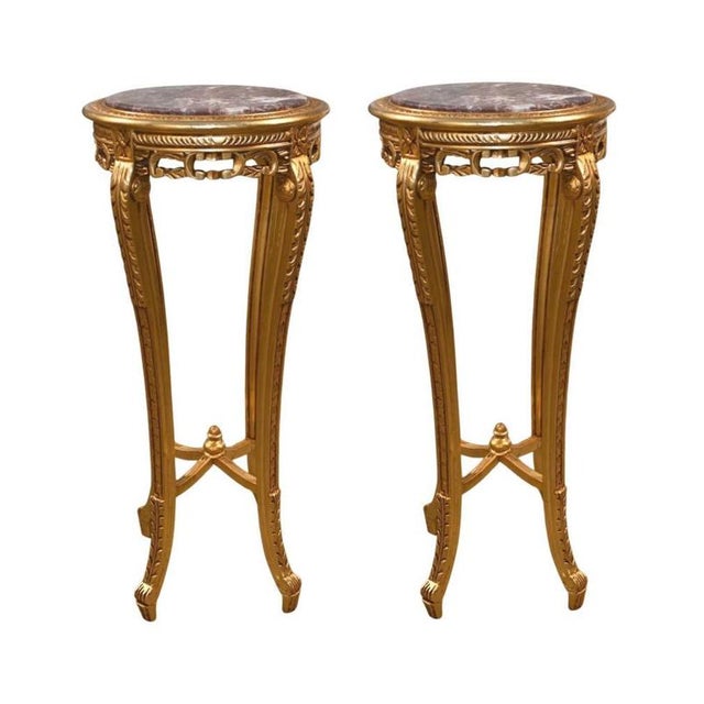 French Louis XVI Giltwood Pedestal Tables with Marble Tops, Set of 2 For Sale - Image 4 of 4