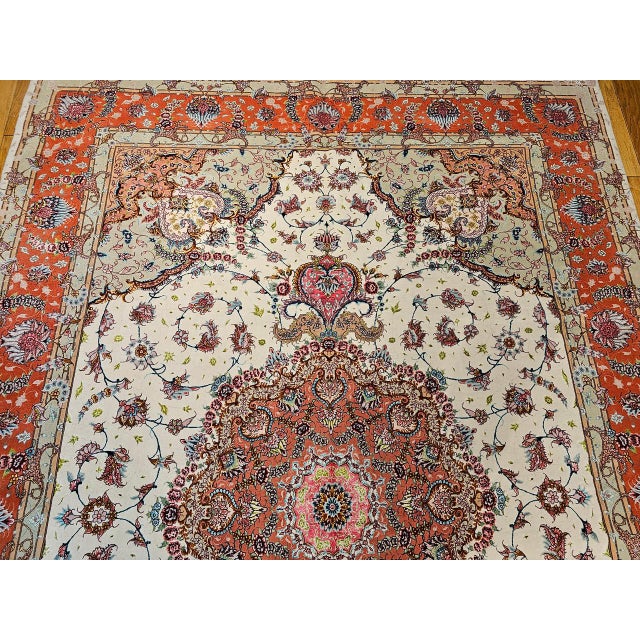 Vintage Persian Tabriz Rug, Hand-Knotted Wool & Silk, Floral Pattern, Ivory & Pink, 8x12 For Sale - Image 13 of 18