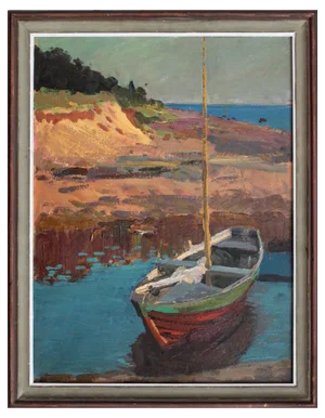 Alfejs Bromults, Boat on the River Bank, 1980, Oil on Cardboard