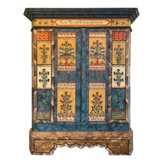 Hand-Painted Farmhouse Cabinet with Floral Decoration For Sale