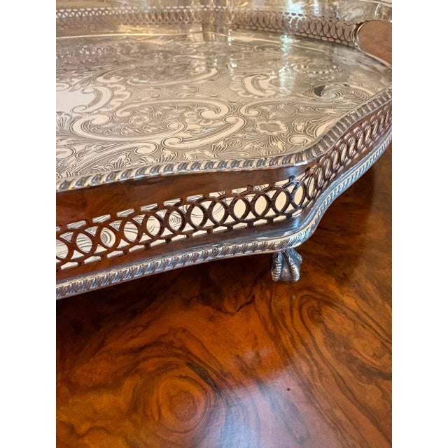 Silver Antique Edwardian Silver-Plated Engraved Tea Tray with Pierced Gallery, 1900 For Sale - Image 8 of 15