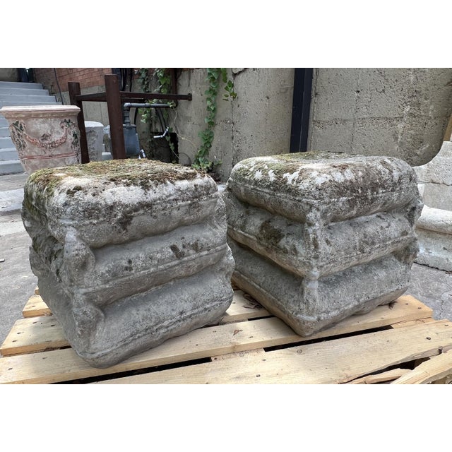 Stone Gray Pair of 1970s Cement Garden Pillow Stack Seats From France For Sale - Image 8 of 11