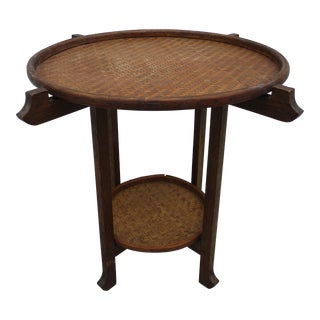 Vintage Round Folding Rattan Side or Butler Table For Sale