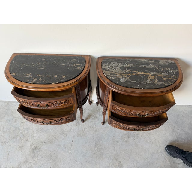 Rococo Pair of French Rococo Carved Walnut Demilune Nightstand With Marble Top For Sale - Image 3 of 16