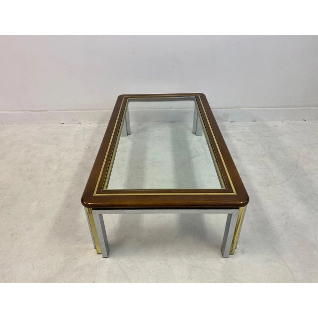 Brown Italian Wood, Brass, and Chrome Coffee Table, 1970s For Sale - Image 8 of 9