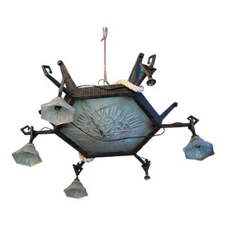 Early 20th Century French Art Deco Chandelier Frosted Glass For Sale