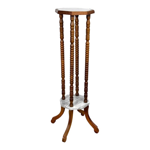Vintage Traditional Turned Walnut & Marble Plant Stand Pedestal For Sale