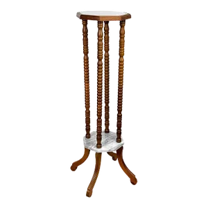 Vintage Traditional Turned Walnut & Marble Plant Stand Pedestal