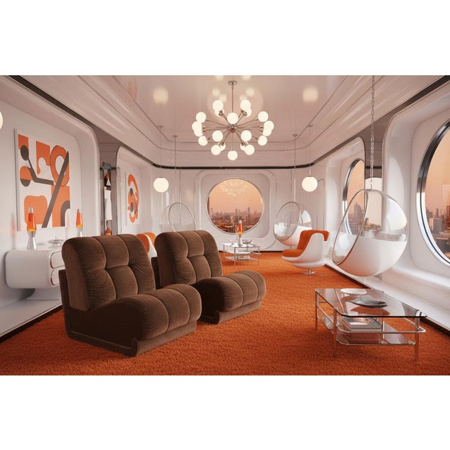 1970s gorgeous space age brown pair of astonishing armchairs in velvet designed by arch. Guido faleschini for mariani they...