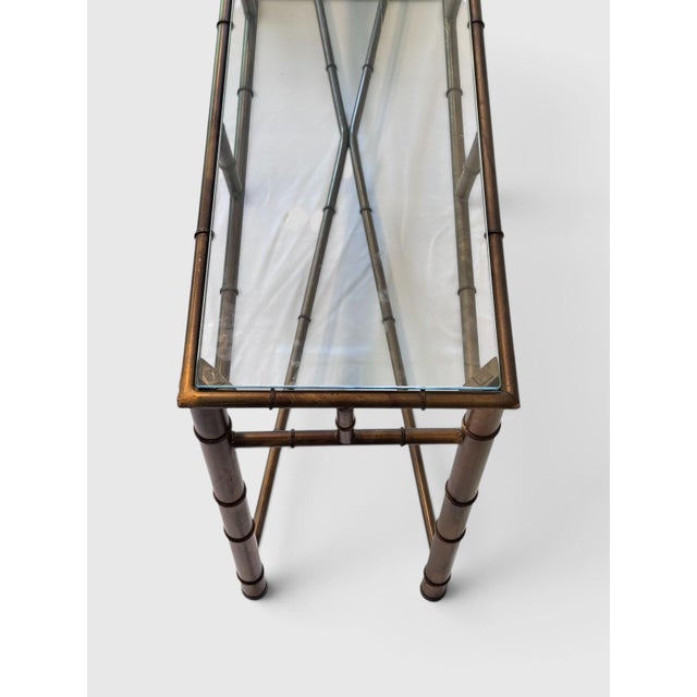 1970s Hollywood Regency Faux Bamboo Bronze Tone Metal Console Sofa Table For Sale - Image 10 of 15