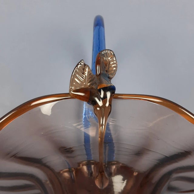 Amber Murano Glass Basket Centerpiece with Blue Handle For Sale - Image 9 of 13