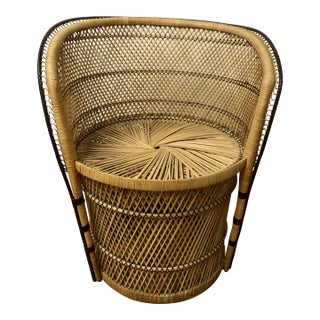 Vintage Boho Chic Rattan & Wicker Peacock Barrel Back Chair For Sale