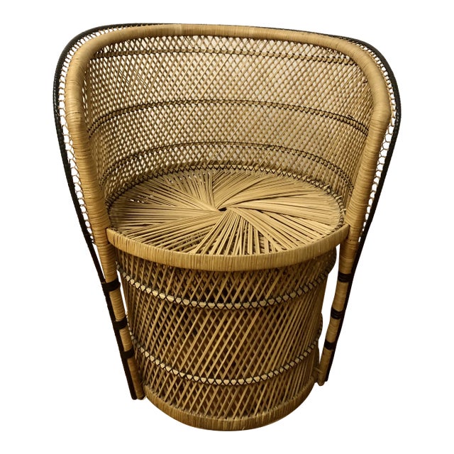 Vintage Boho Chic Rattan & Wicker Peacock Barrel Back Chair For Sale