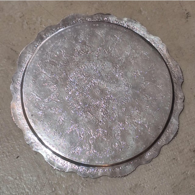 Vintage Ornate Silver-Plated Round Serving Tray With Scalloped Edge For Sale - Image 4 of 5