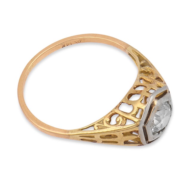 1930s Art Deco Diamond 14k Yellow Gold Two Tone Engagement Ring, Size 4.75 For Sale - Image 4 of 6
