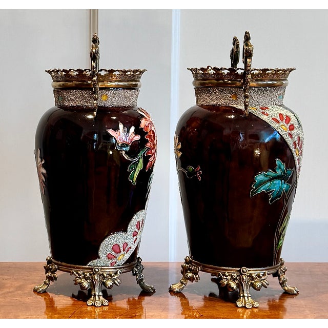 Pair of French Barbotine vases by Edouard Gilles - lush florals and deep glaze, circa 1880. Our Edouard Gilles vases...