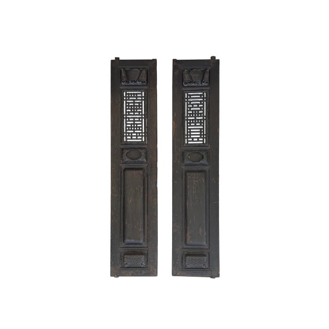 Pair Vintage Chinese Brown Fujian Style Carving Wood Wall Door Panels For Sale - Image 4 of 12