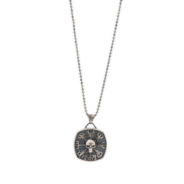 Norse Viking Vegvisir Protection Symbols & Skull Pendant Sterling Silver Necklace For Sale - Image 9 of 12