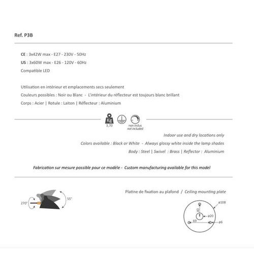 Black Mid-Century Modern Black Three Rotating Arms Ceiling Lamp by Serge Mouille For Sale - Image 8 of 9