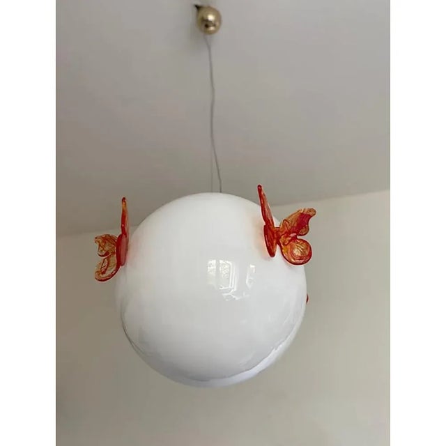 Contemporary Italian Murano Style Glass Opalino Pendant with Red Butterfly from Simoeng For Sale - Image 3 of 10