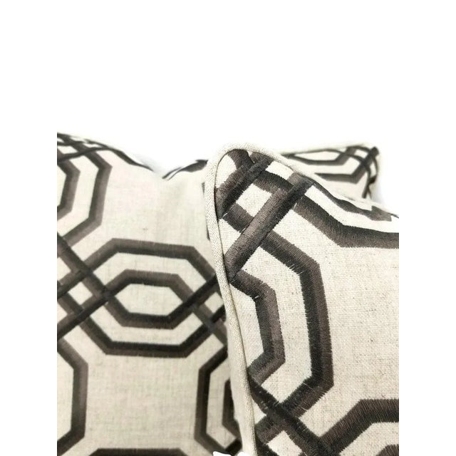 Brown Embroidered Geometric Design on Linen and Self-Welt Pillow Cover - 20" X 20" For Sale - Image 4 of 7