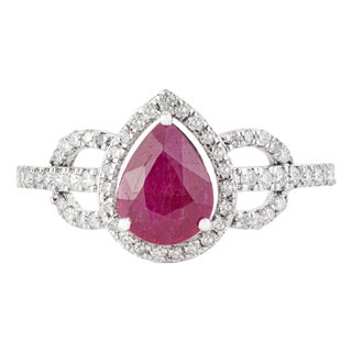 Natural 1.4ct Ruby & Diamond Halo Cocktail Ring Size 6 in 14k White Gold For Sale