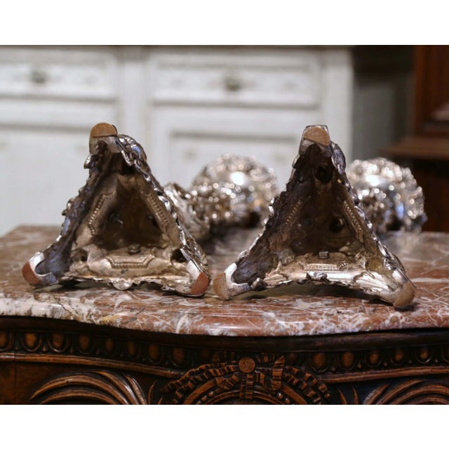 Pair 19th Century French Louis XV Silvered Church Candlesticks With Wax Candles For Sale - Image 11 of 13