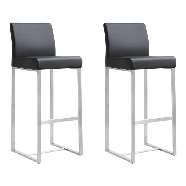 Denmark Black Vegan Leather & Steel Bar Stools - Set of 2 For Sale