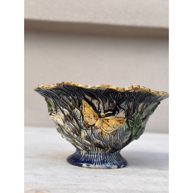 Small French Majolica Palissy Cache Pot Thomas Sergent, circa 1880. with butterflies and shells. H / 2.2 inches , 4.2 by...