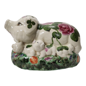 Vintage 1960's Italian Majolica Ceramic Figural Pig W/ Piglets Family