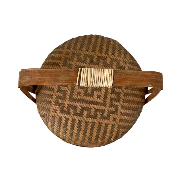 1990s Vintage Hand Woven Chinese Wedding Basket Rattan & Wood 11" Lid. Country Rustic For Sale - Image 5 of 7