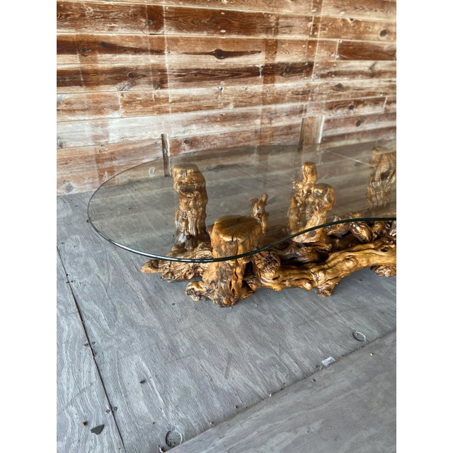 Wood 1970s Gnarled Grape Burl Wood Coffee Table With Peanut Glass Top For Sale - Image 7 of 12