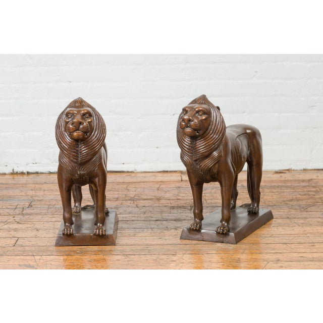 Early 21st Century Vintage Bronze With Dark Patina Lion Sculptures on Bases - A Pair For Sale - Image 5 of 13