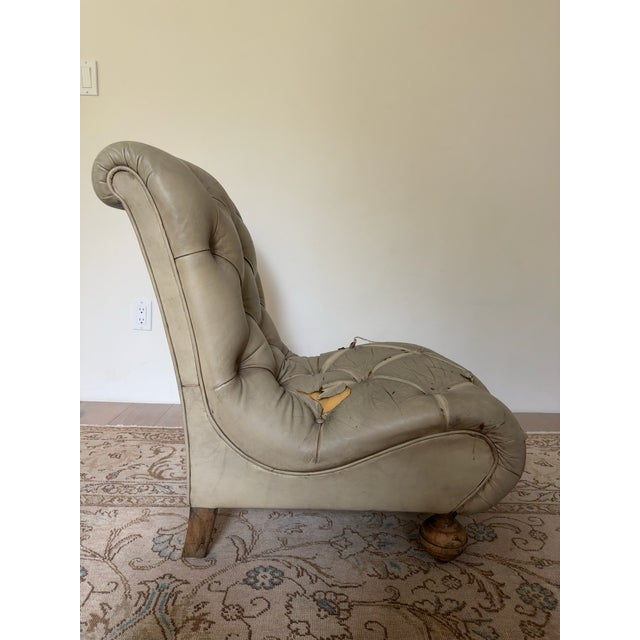 Olive Vintage Tufted Leather Fireside Chair, French, Circa 1950s For Sale - Image 8 of 8