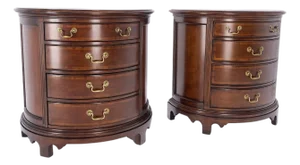 Pair of 4 Drawer Banded Top Demi Lune Consoles Dressers Brass Drop Pulls MINT!