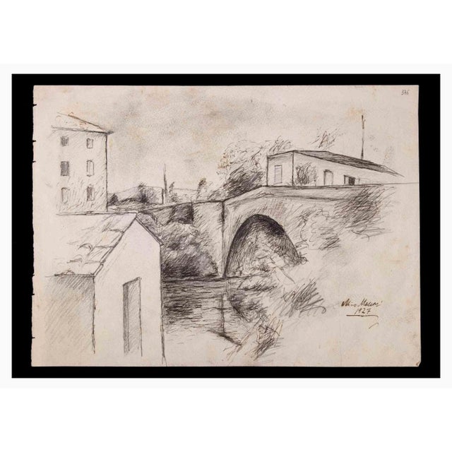 Cityscape is a pencil drawing realized by Mino Maccari (1924-1989) in 1927. Hand signed and dated on the lower margin....
