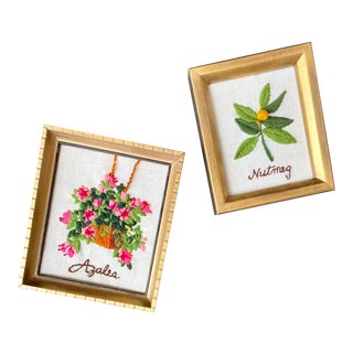 Vintage Crewel Embroidery Mini Art - a Pair For Sale