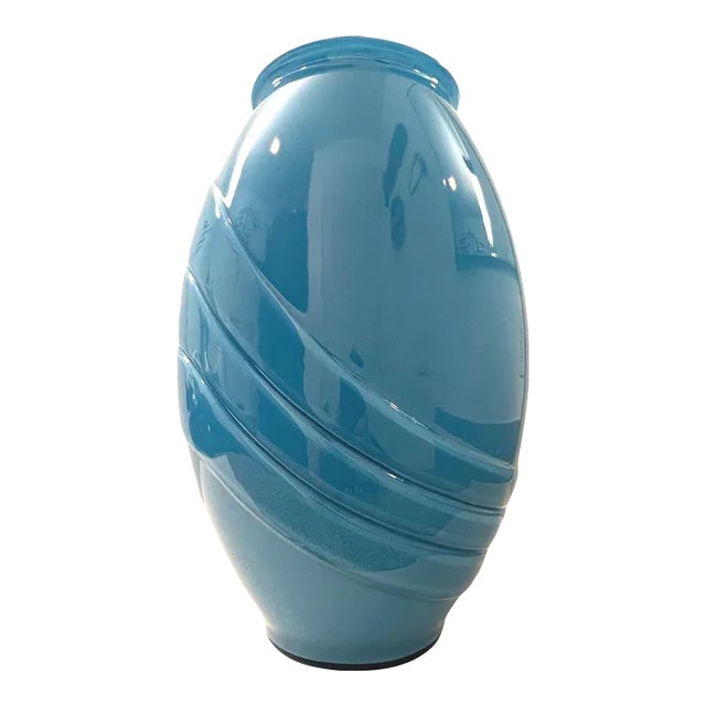 Vintage Postmodern Large Turquoise Ribed Glass Vase, 1980s For Sale