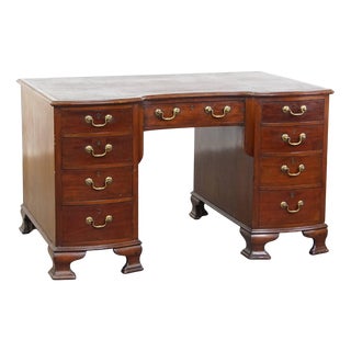 English Wooden Curved Front Desk with Leather Top, Late 19th Century For Sale